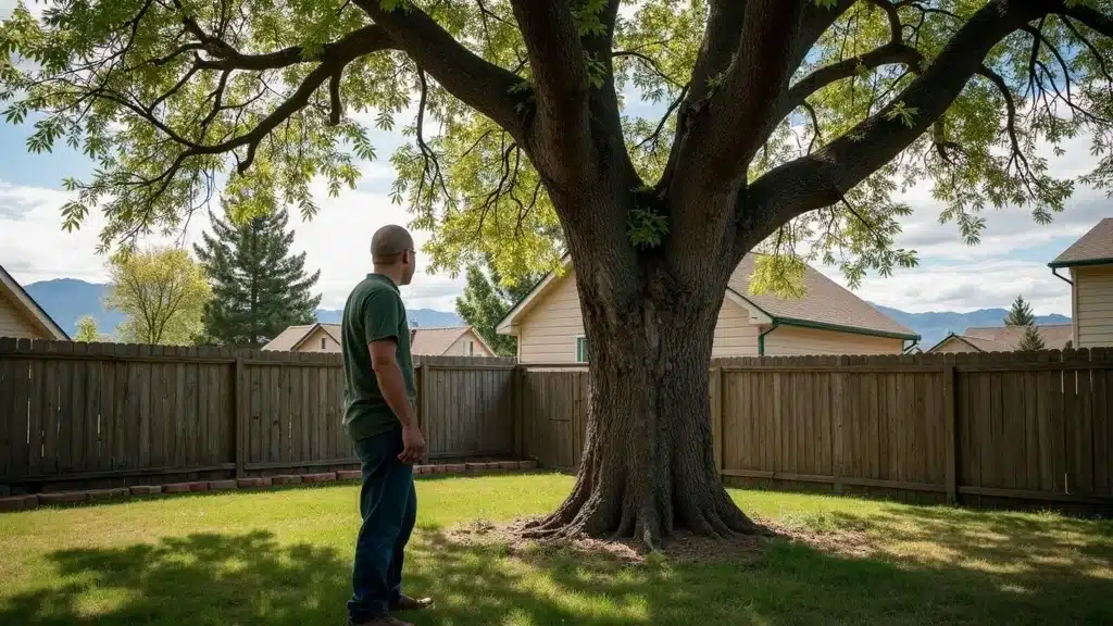Residential Denver yard with overgrown, damaged tree, showing weak branches, disease signs, concerned homeowner, Colorado foliage, and mountain background