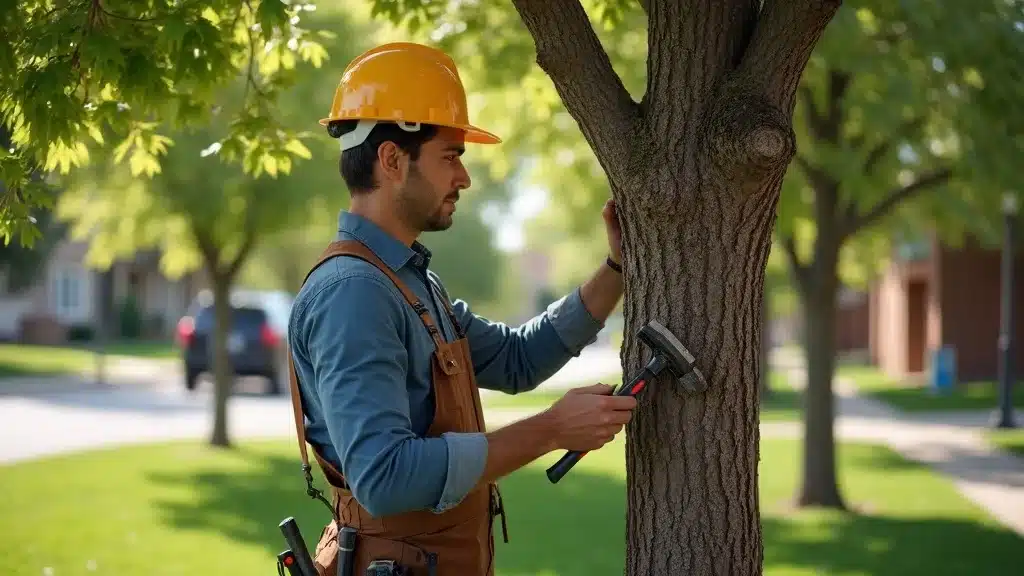 Professional arborist near me inspecting mature tree trunk in Denver neighborhood park