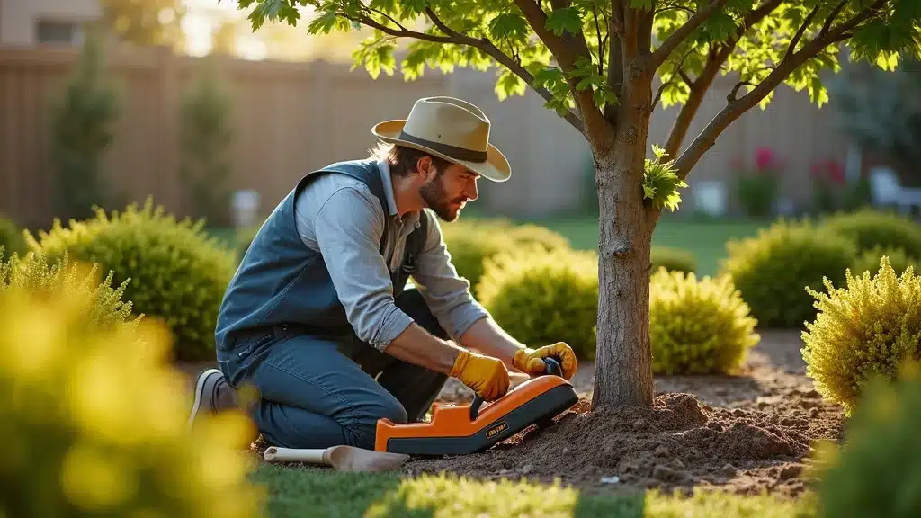 Attentive arborist caring for healthy backyard tree with fertilizer in Denver