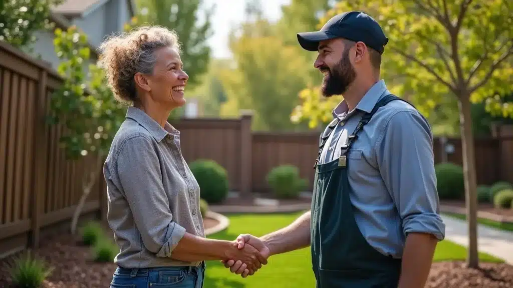 Denver homeowner shaking hands with a professional tree removal expert in a landscaped yard symbolizing savings and satisfaction