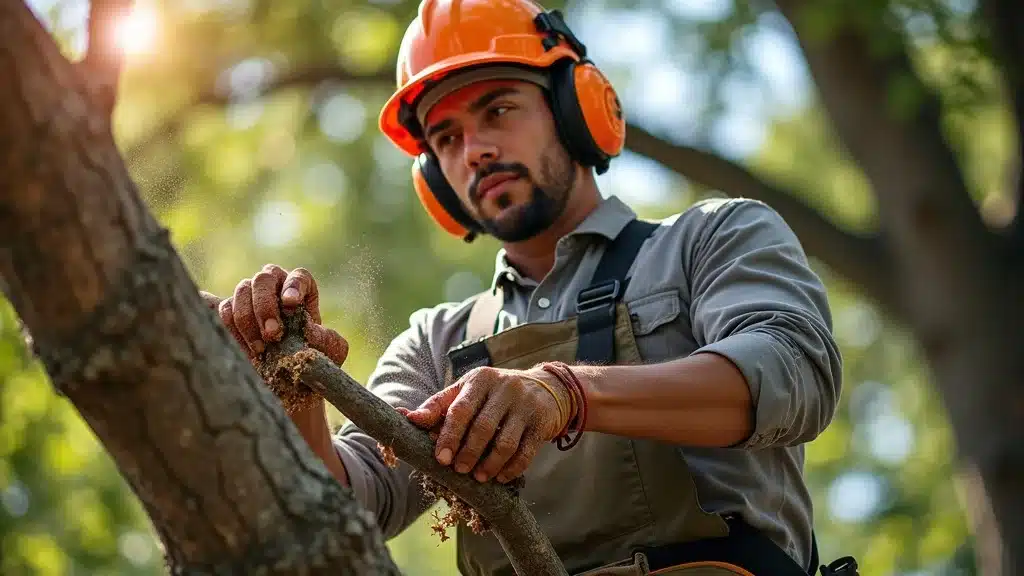 Close-up of professional arborist making a precise pruning cut on a large tree branch in a sun-dappled Denver yard, with wood chips falling and clean cut surfaces, emphasizing safety and technique