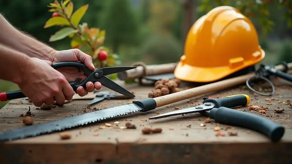 Organized display of tree trimming and pruning tools for Denver homeowners and professionals, including pruners, pole saw, loppers, and safety equipment on a wood workbench in a leafy setting