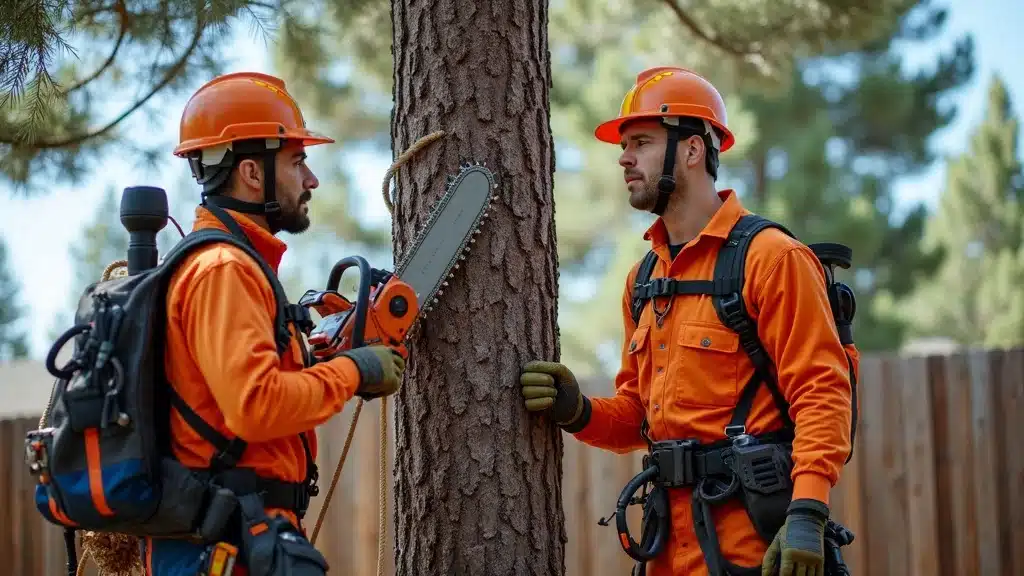 Side-by-side image showing a professional tree removal team and a cautious homeowner near a chainsaw in a Denver backyard, demonstrating the safety and expertise of professional tree removal services