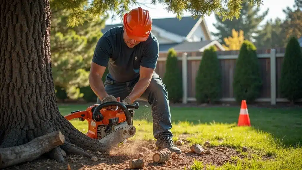 Tree expert in Denver pruning large branch with chainsaw as part of tree removal service