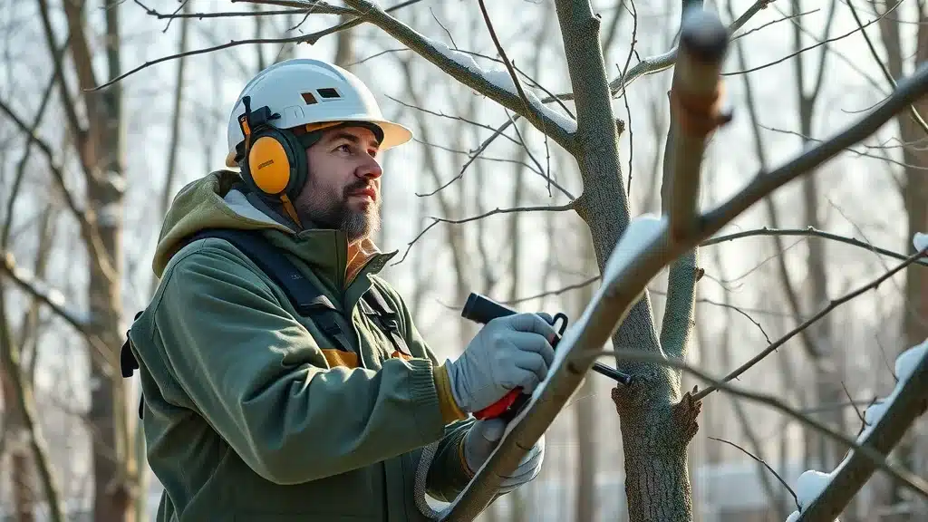 Professional arborist in winter trimming high tree branches, showcasing safe and efficient dormant season tree maintenance in Denver