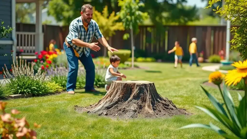 Homeowner pointing out a hidden stump hazard in a lush Denver backyard, explaining safety and property value concerns