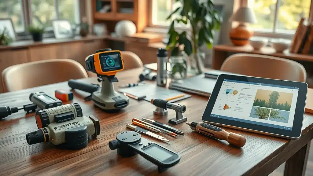 risk assessment tools - Modern arborist tools and digital tree risk assessment software on a desk