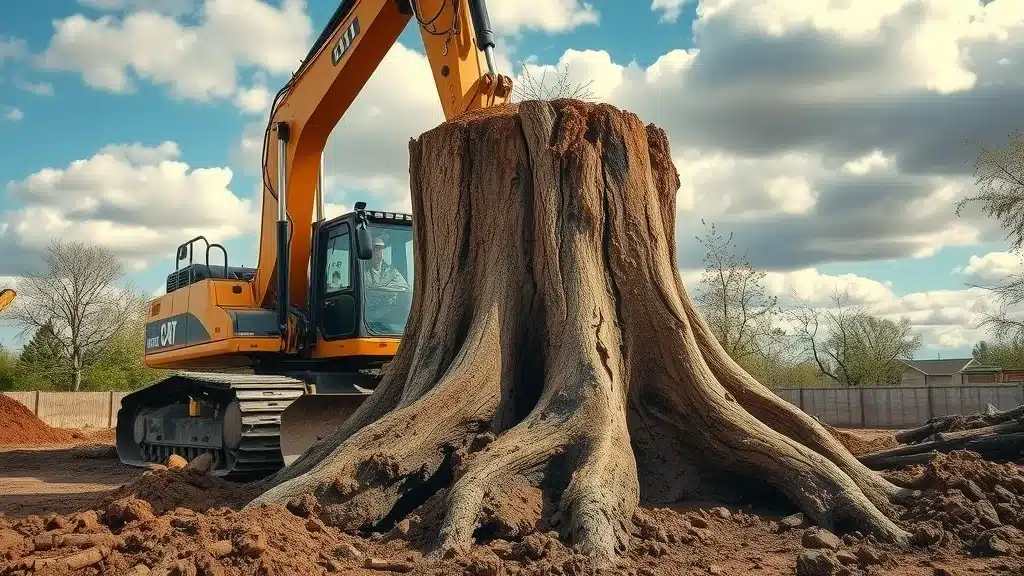 Worker using heavy equipment in Denver to completely remove tree stump and root system, illustrating the full stump removal process