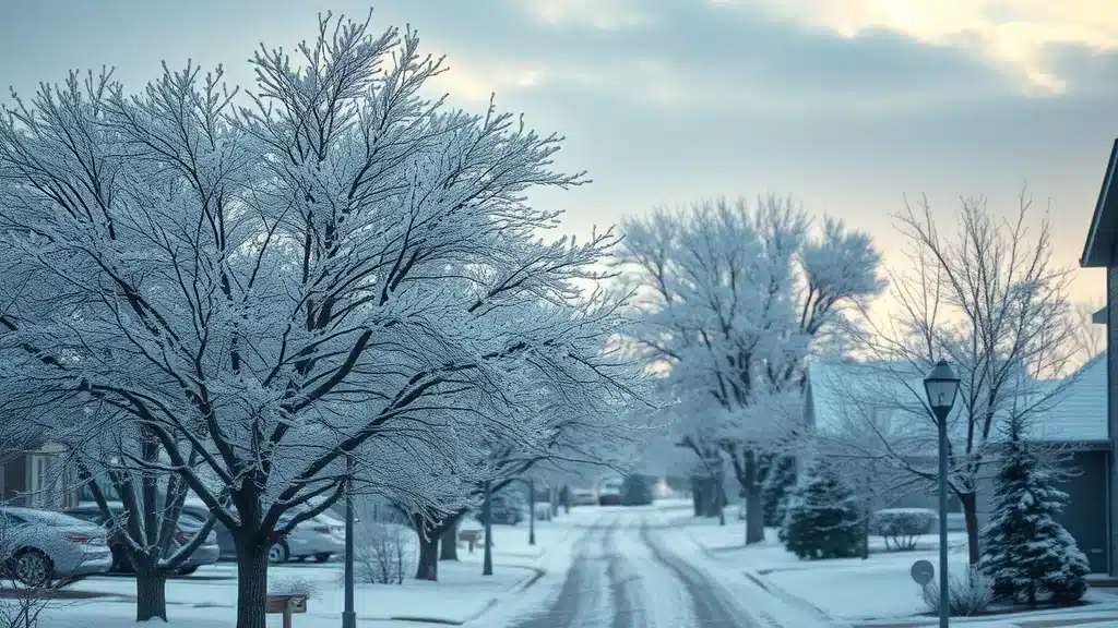 Winter landscape in Denver showing snow-laden trees and a calm residential neighborhood, highlighting the effects of snow and ice on Denver trees