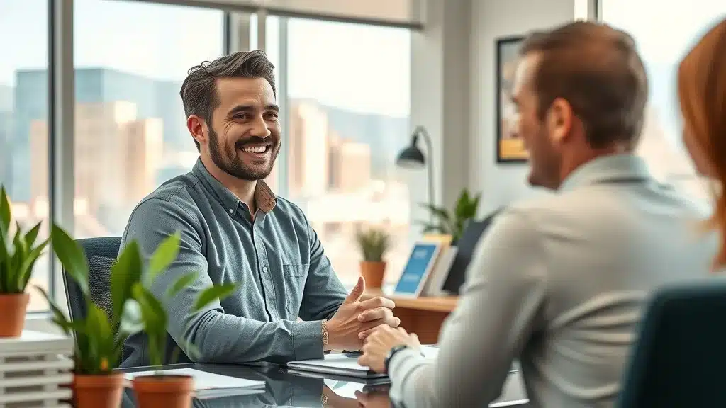 Denver insurance agent explains coverage for tree removal to homeowner in Colorado-themed office