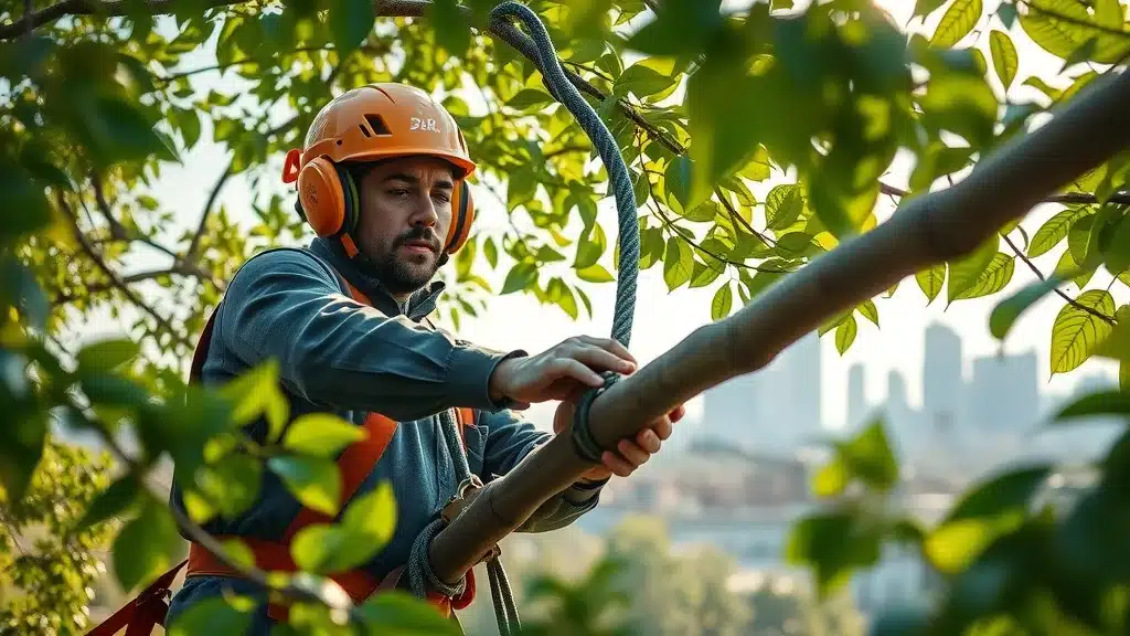 Professional tree worker safely pruning a large branch as part of commercial tree services in Denver