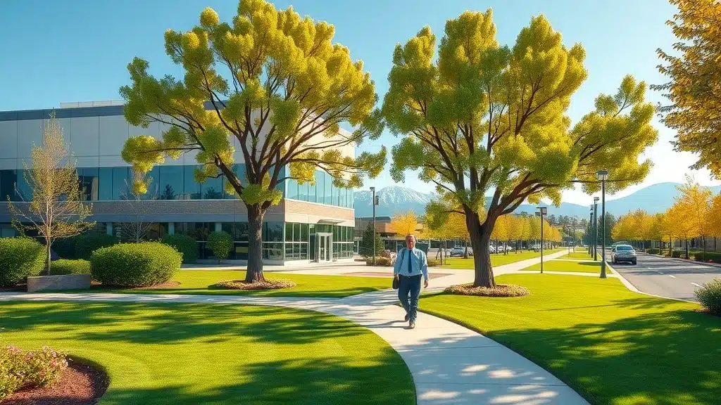 Commercial property with healthy, well-maintained trees and landscape representing curb appeal from commercial tree services in Denver