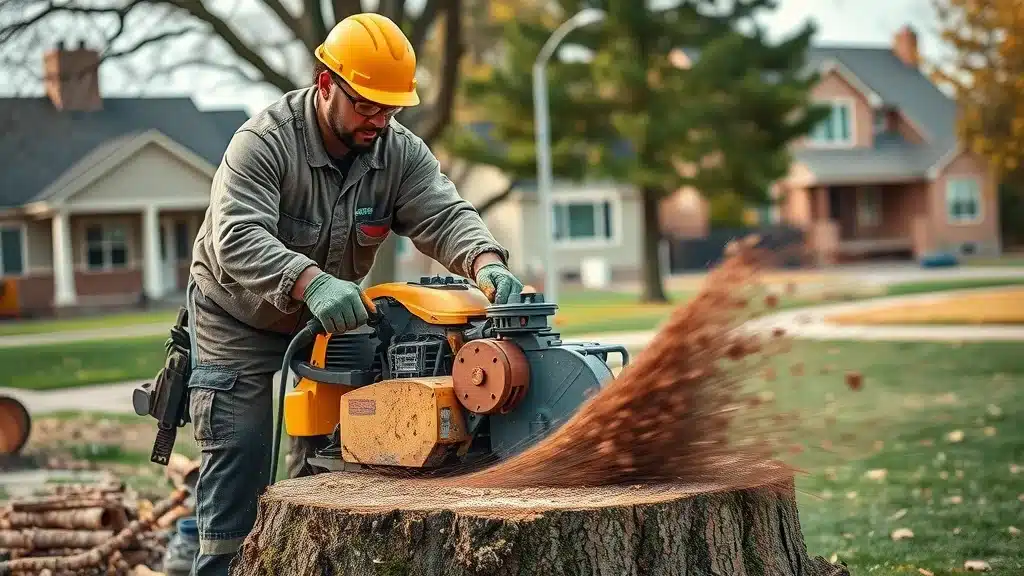 Professional arborist using a modern stump grinder in a Denver neighborhood, demonstrating stump grinding process and safety protocols