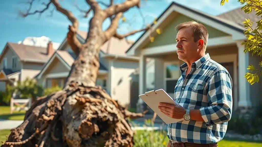A man holding a clipboard stands in front of a fallen tree on a suburban lawn, inspecting the damage. Houses and greenery are visible in the background on a sunny day.