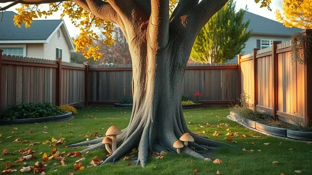 tree risk - Leaning Denver tree with mushrooms at base, visible root flare and signs of root decay