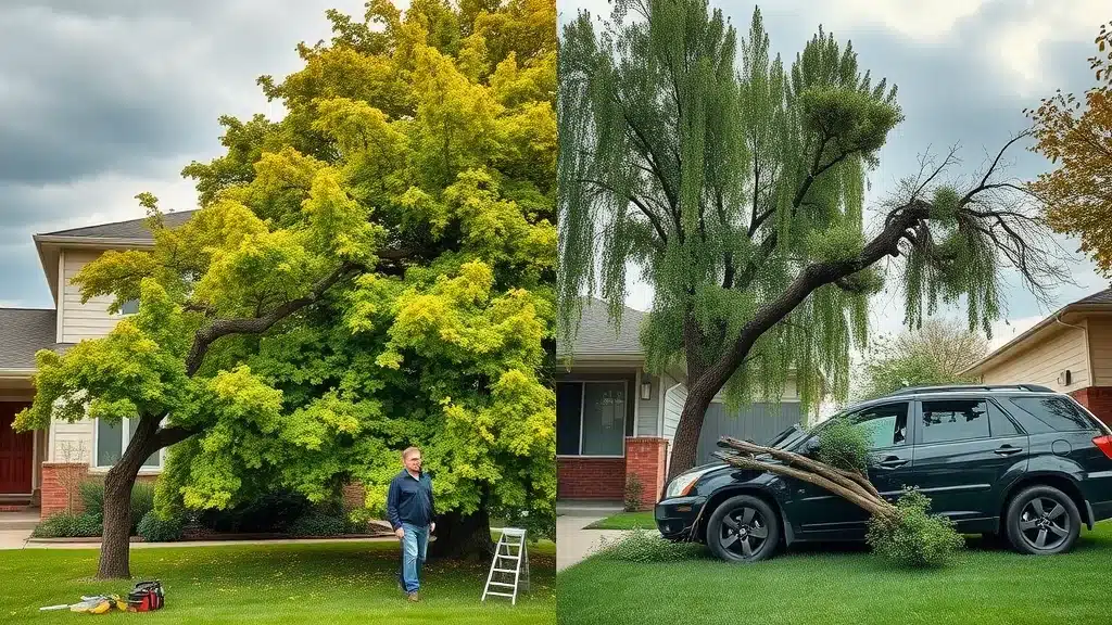 Split view of healthy tree and storm-damaged tree in a Denver yard highlighting the contrast of preventative maintenance vs costly storm repair