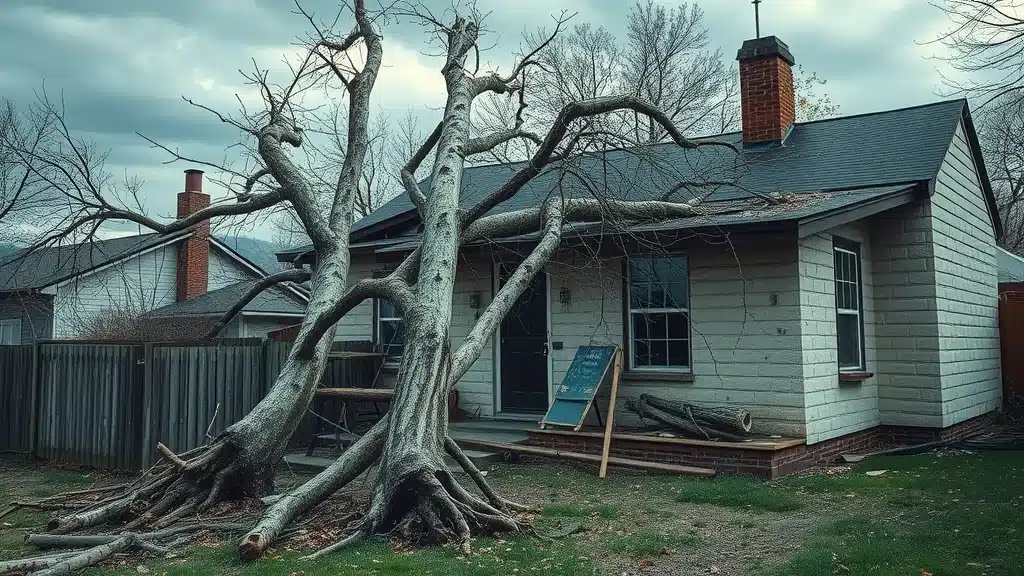 property damage - Aftermath of fallen Denver tree on house with roof and fence damage