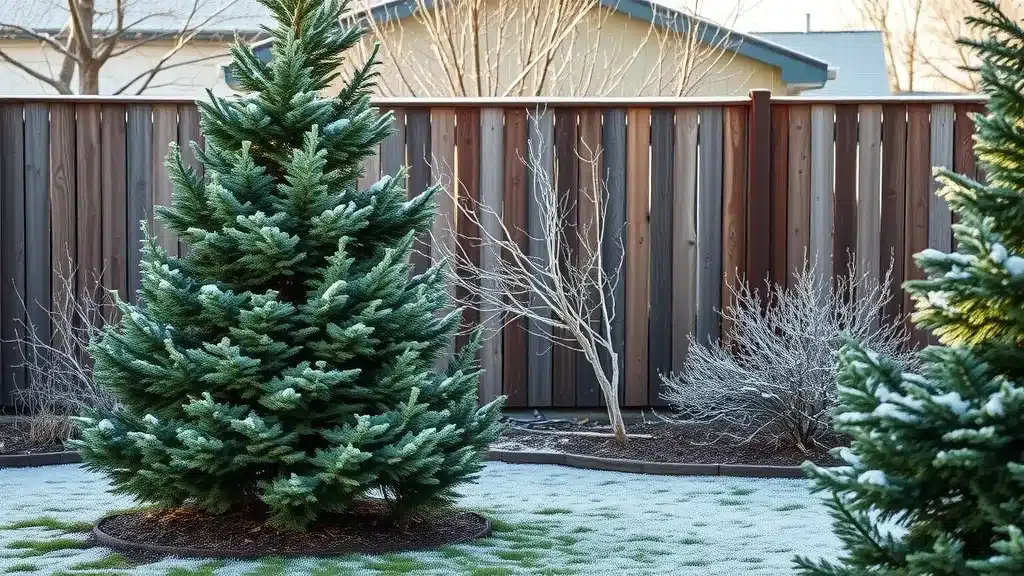 Denver backyard in winter with safely trimmed, thriving trees, fresh mulch, and reassuring atmosphere of preventative tree maintenance