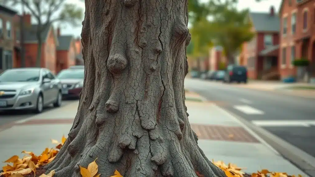 risk assessment - Close-up of urban Denver tree trunk showing cracks and fungal growth, warning signs of decay