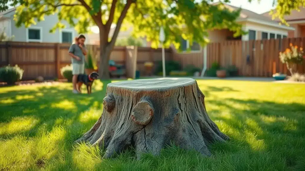 A large tree stump sits on green grass in a sunny backyard. In the blurred background, a person stands with a dog near a wooden fence, and houses can be seen. A leafy tree provides dappled shade.