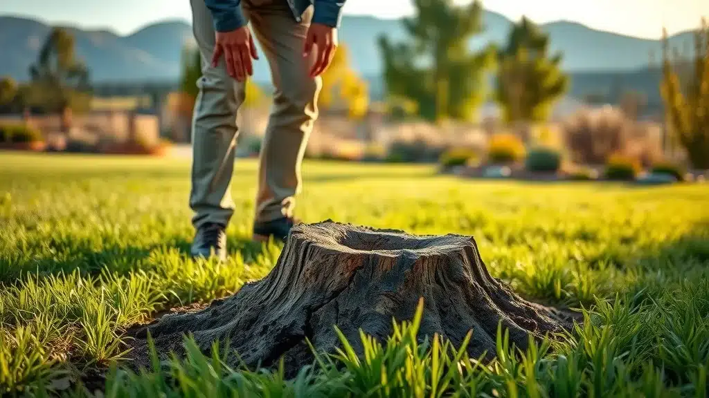 Denver homeowner inspecting soil in a sunny Colorado yard after stump grinding and removal, highlighting climate and soil factors