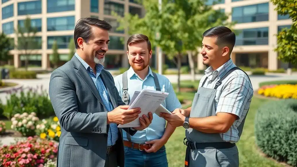 Property manager reviewing maintenance plan for commercial tree services in Denver