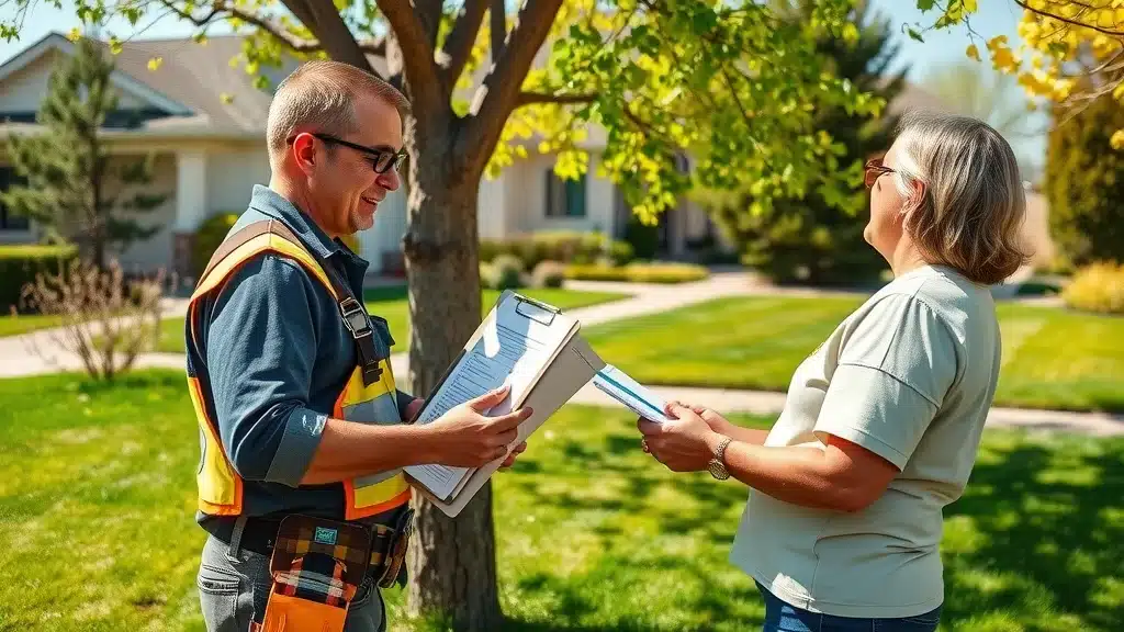 Certified arborist consulting with Denver homeowner about pruning options for a healthy urban tree in a sunlit yard
