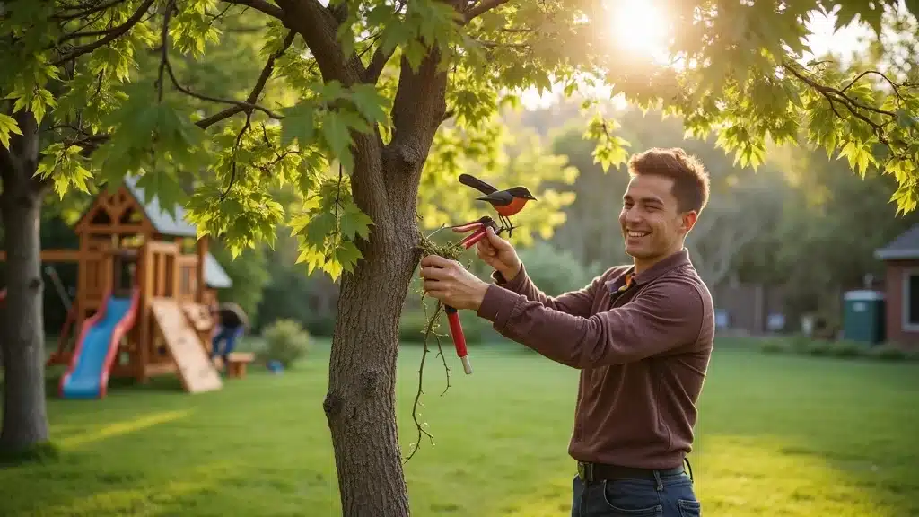 Friendly Denver arborist smiling while pruning a healthy tree to prevent emergency tree removal, lush green landscape