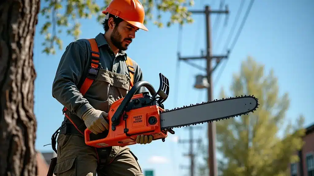 Professional certified arborist performing safe tree removal service near power lines in Denver