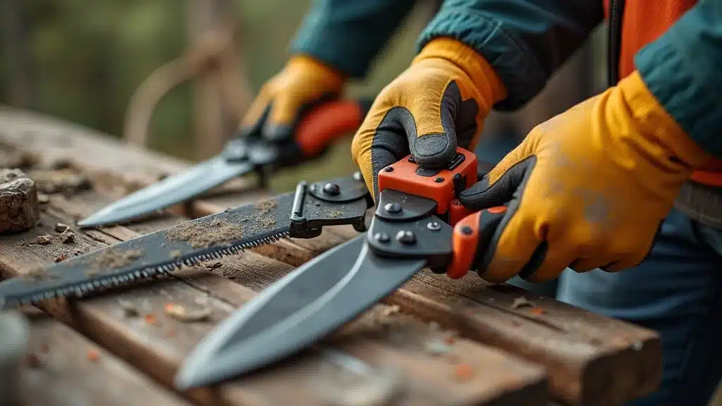 tree pruning tools hands holding pruners saws gloves outdoors on workbench
