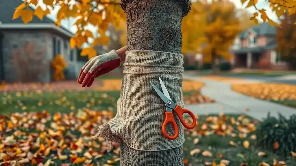 Homeowner wrapping young tree trunk in Denver in autumn, burlap material and fall leaves, year-round tree care calendar for Denver homeowners