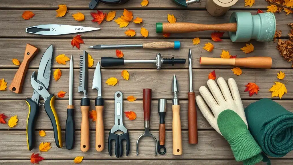 Essential tree care tools for Denver in all seasons, neatly arranged for year-round tree care calendar for Denver homeowners