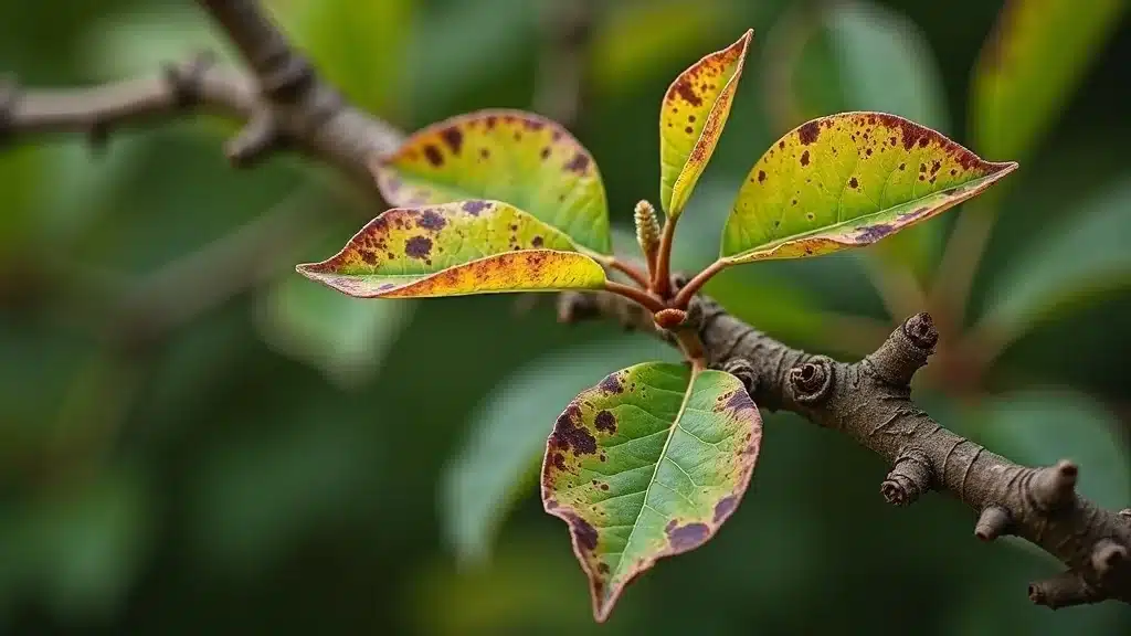 Close-up of diseased leaves and peeling bark on a tree branch in a Denver park, highlighting common tree diseases such as brown spots and fungal growth.