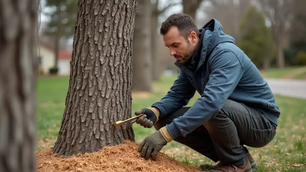 Professional Denver arborist inspecting a tree with cracked bark and fungal presence, noting sawdust at base as a sign of pine beetle activity.