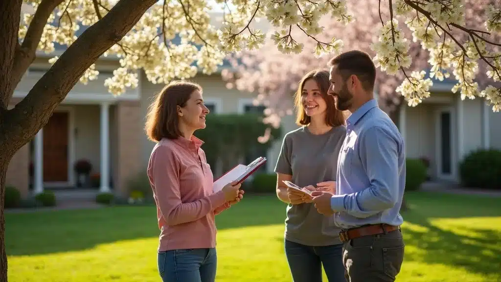 Certified Denver arborist consulting with homeowners in a front yard, smiling and discussing the health of a mature tree.