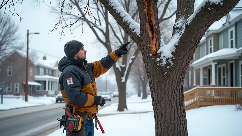 Winter-damaged tree with cracked limb in Denver being assessed by arborist after snow storm - winter tree removal consideration