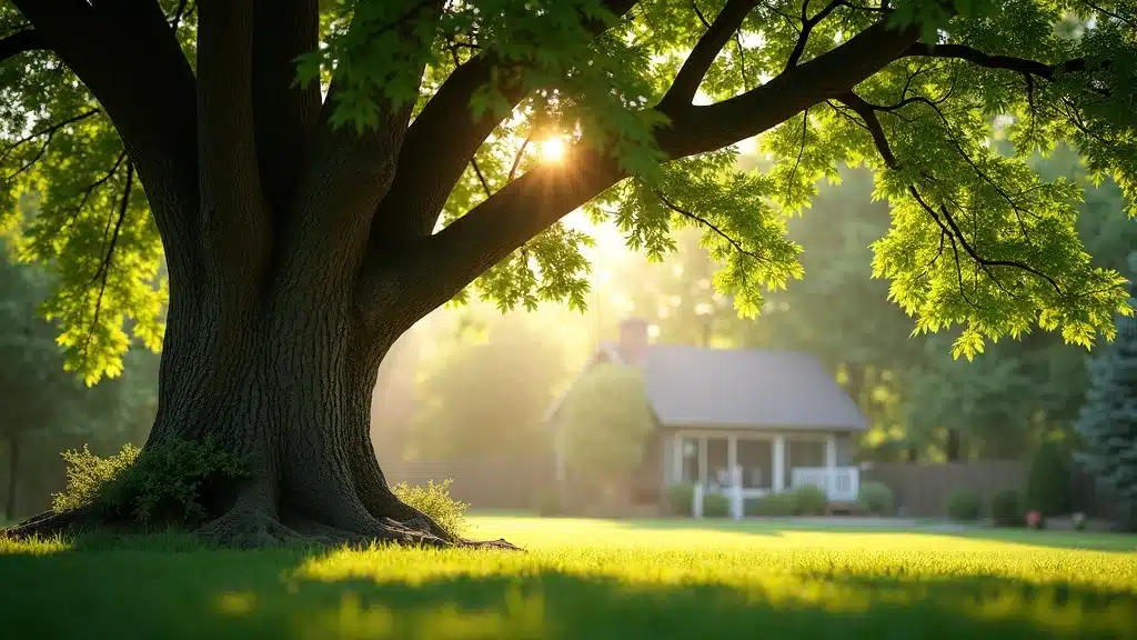 tree canopy photorealistic dense tree canopy over backyard sunbeams breaking through leaves healthy landscape