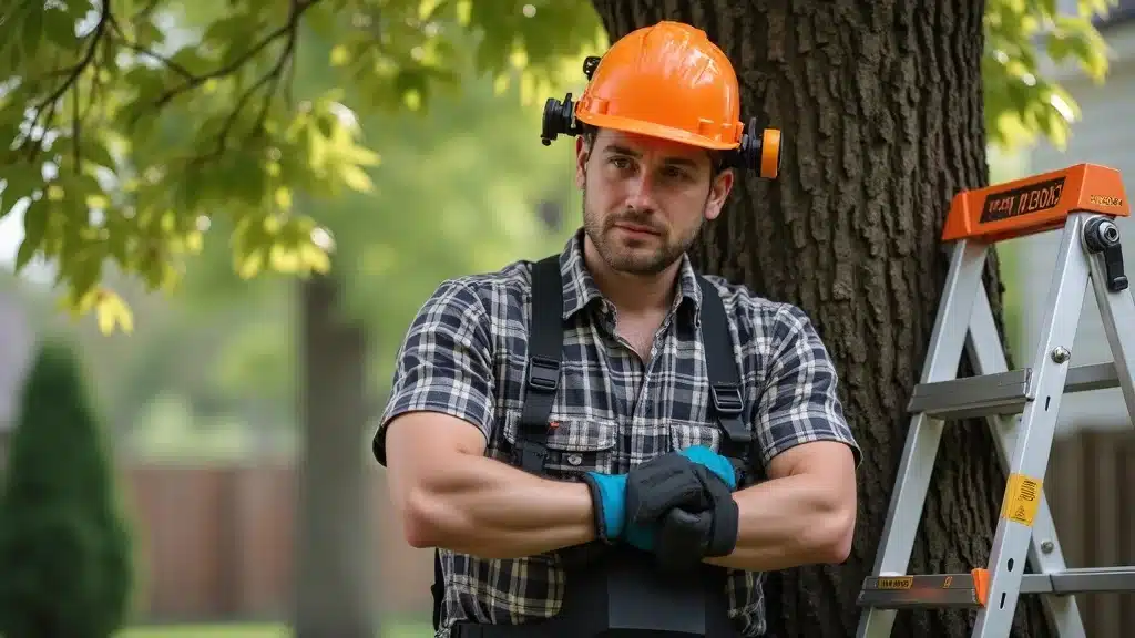 tree care safety cautious homeowner putting on helmet and gloves safety gear preparing to trim tree