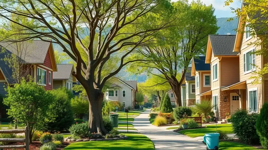 A sunny suburban neighborhood with tree-lined sidewalks, neatly manicured lawns, and colorful houses. Trees provide shade and the street curves gently, creating a peaceful, inviting atmosphere.