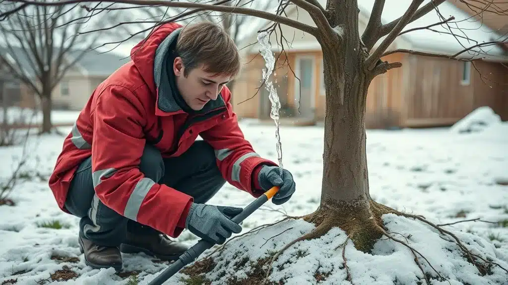Homeowner performing deep root watering on deciduous tree in winter, year-round tree care calendar for Denver homeowners