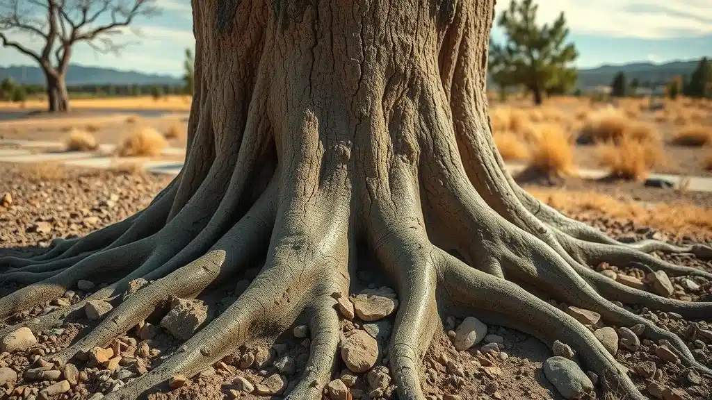 Tree trunk and root zone in dry rocky Denver soil close-up, emphasizing soil challenges for year-round tree care calendar for Denver homeowners