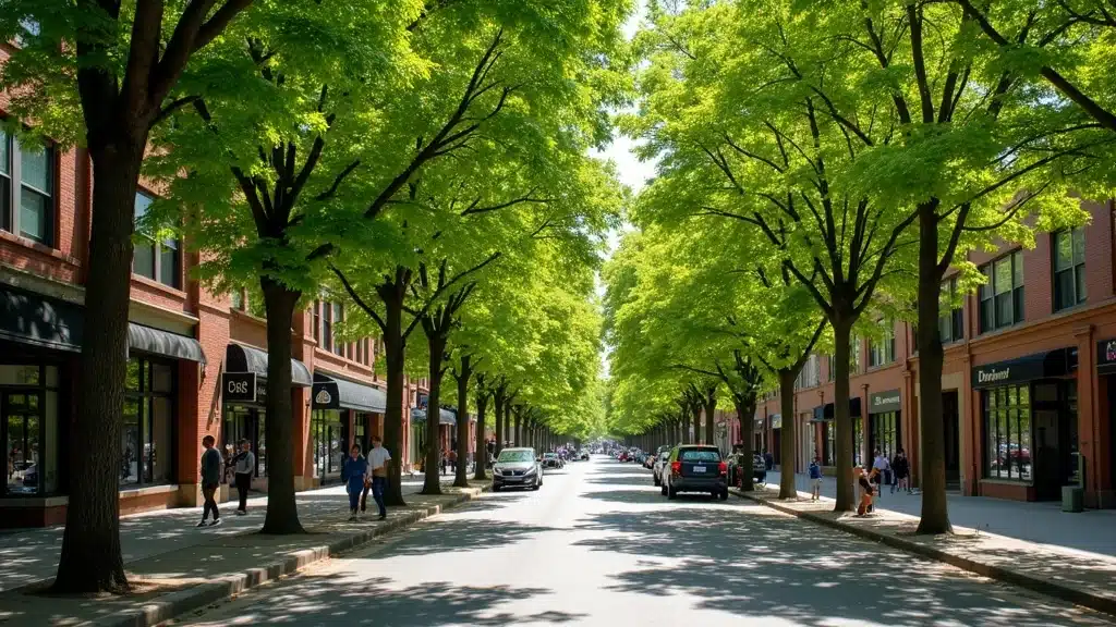 Healthy urban trees lining a thriving Denver street, lush canopies and classic architecture visible, symbolizing proactive tree care.