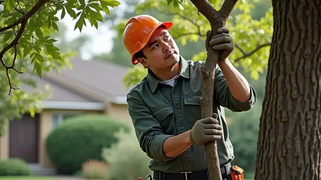 professional tree trimming arborist safely pruning branch mature tree landscaped yard