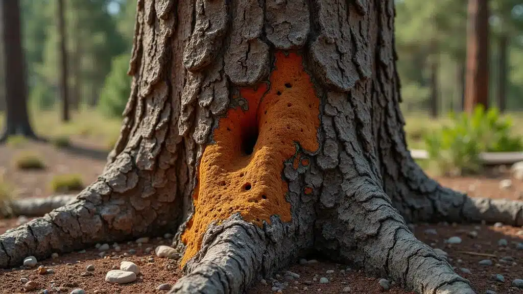 Close-up of pine tree branch with mountain pine beetle holes and resin, set in a Colorado pine woodland.