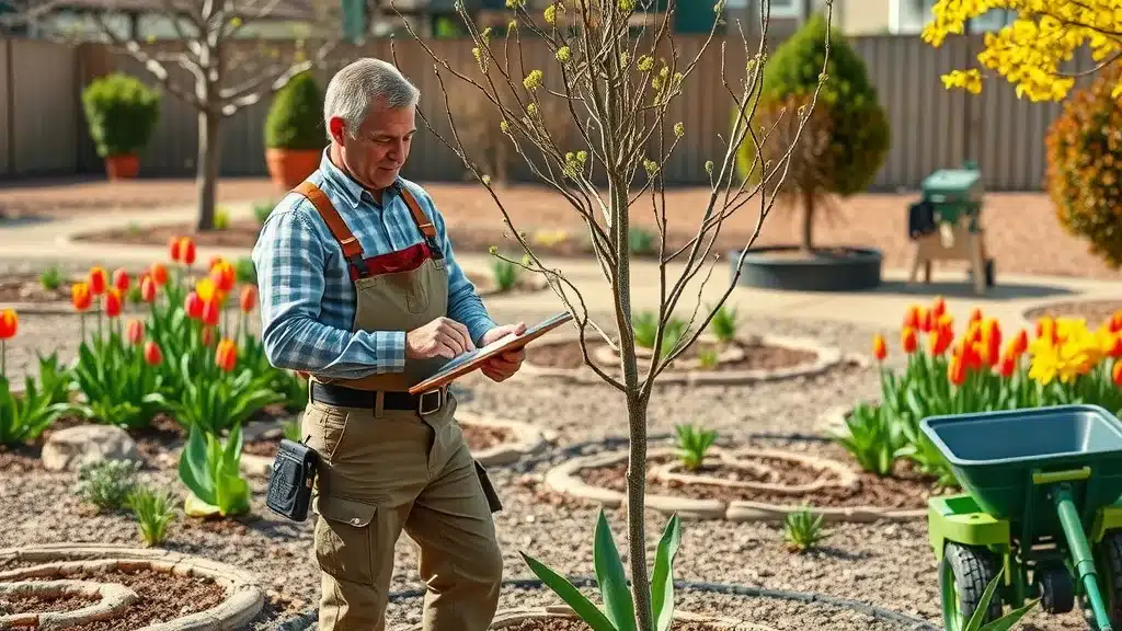 Professional arborist inspecting blooming tree for spring tree services and care, year-round tree care calendar for Denver homeowners