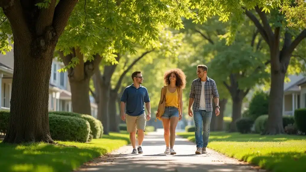 Three young adults walk together on a tree-lined sidewalk in a suburban neighborhood on a sunny day, chatting and smiling, with houses and lush green grass in the background.