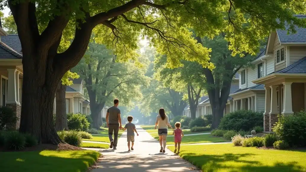 Healthy mature trees lining Denver neighborhood where children play, emphasizing the importance of expert tree services and safe removal