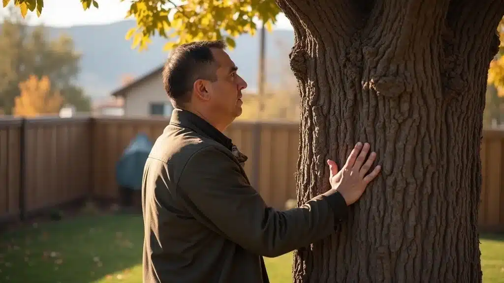 A man stands in a sunlit backyard, gently touching the trunk of a large tree with both hands. He looks at the tree thoughtfully, surrounded by a wooden fence and autumn foliage.
