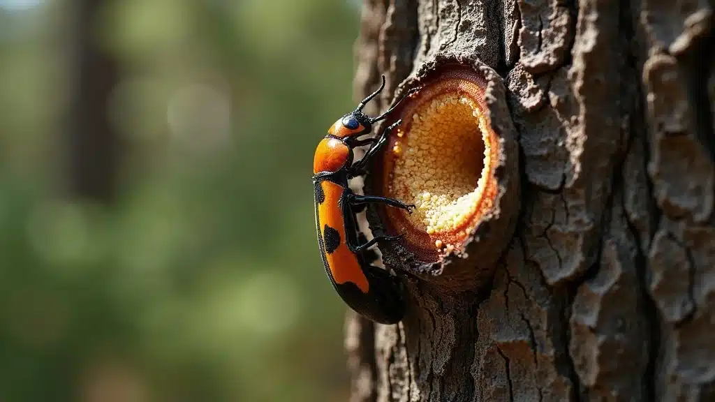 Close-up detail of pine bark with bark beetle bore holes and pitch tubes, emphasizing bark beetle infestation in Colorado pine trees