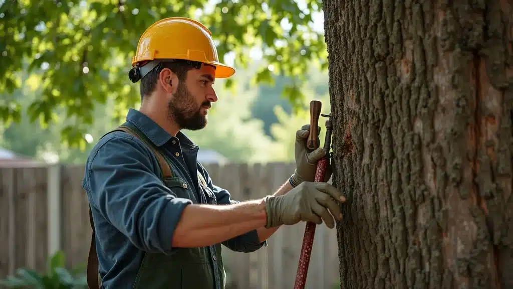 Professional arborist examining a large Denver urban tree, inspecting bark for pests and disease, tree health evaluation